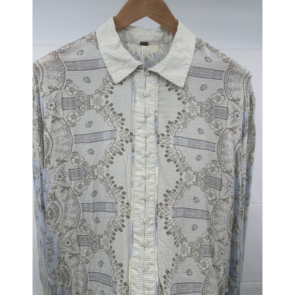 Free‎ People Virgo Baby Button Down Long Sleeve Floral Blue Stripes Boho Medium - Picture 6 of 10